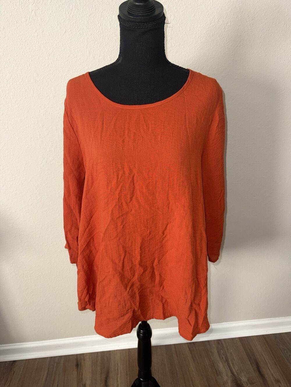 Yushi Lagenlook Tunic Top Womens Medium Burnt Orange Made in USA Artsy Boho 3/4